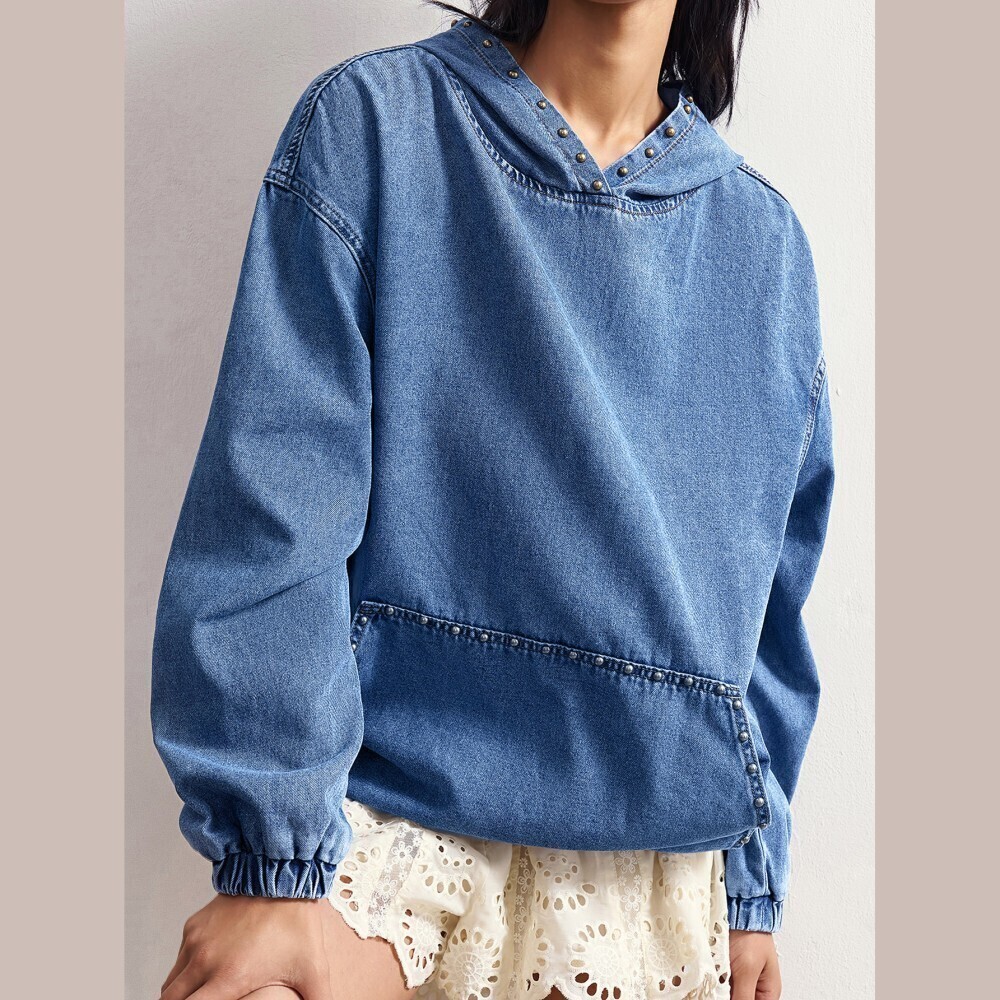 Blue Denim Studded Oversized Hoodie — Pullover Sweatshirt